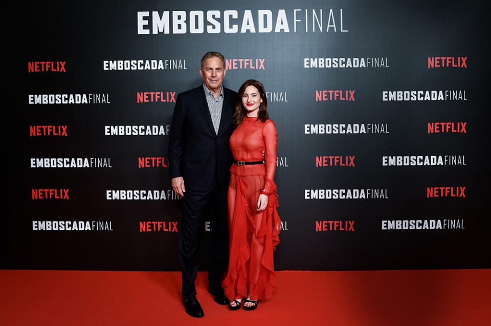 MADRID, SPAIN - MARCH 25: Actor Kevin Costner and actress Ivana Baquero attend the 'Highwaymen' film by Netflix premiere at the Cine Capitol on March 25, 2019 in Madrid, Spain. (Photo by Samuel de Roman/Getty Images for Netflix)